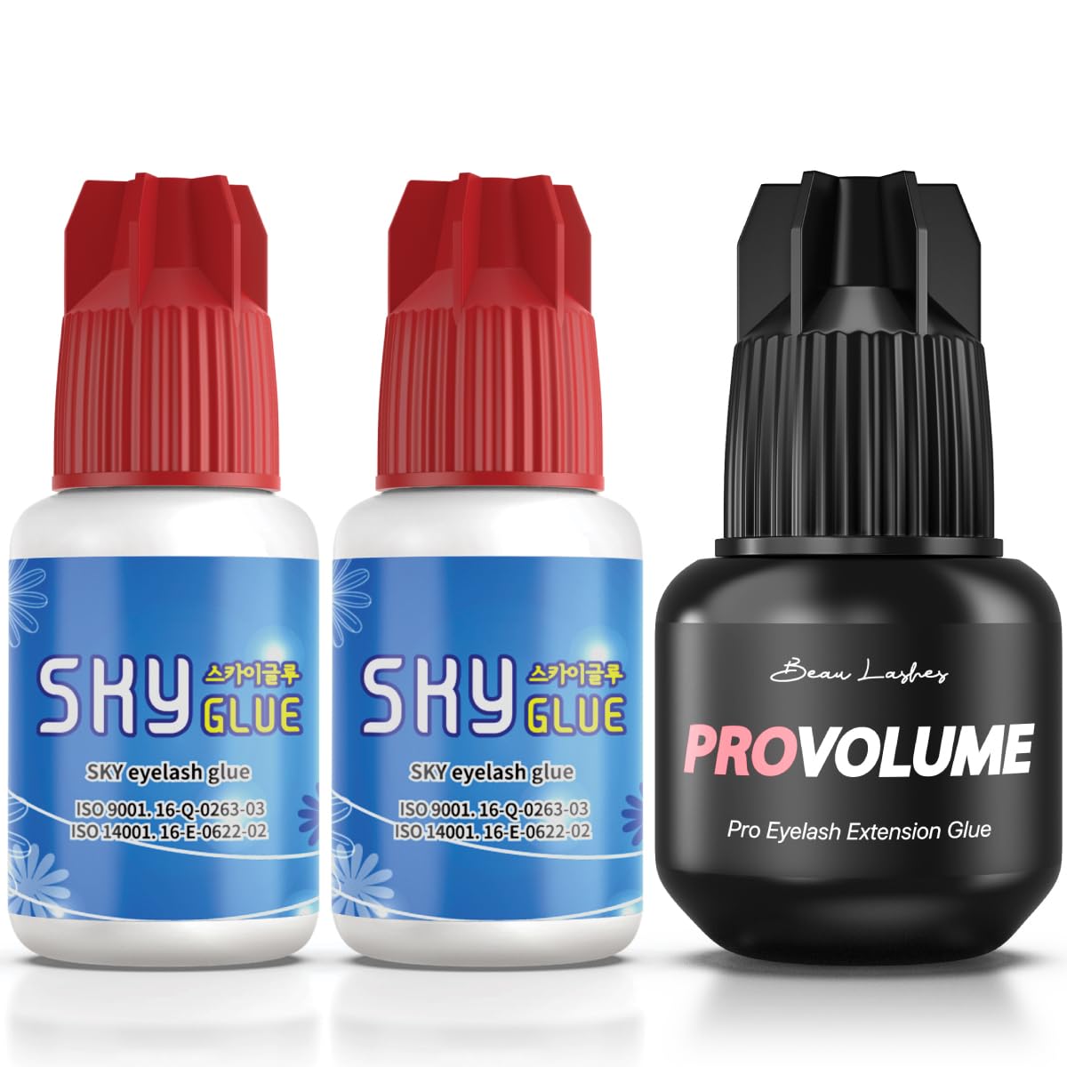 Sky Glue S+ 2 Pack & Pro Volume Eyelash Extension Glue | Professional Black Adhesive | Long Lasting Semi Permanent Lash Extensions | Super Strong & Fast Drying (1-2s) | 7+ Weeks Retention | 3 x 5ml