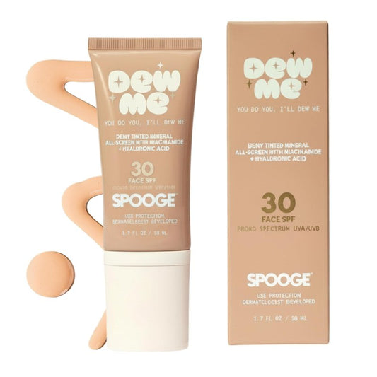 Spooge Dew Me | Tinted Mineral Sunscreen SPF 30 | Zinc Oxide Sunblock | Tinted Sunscreen For Face & Body | Golden Glow Dewy Finish | Dermatologist Developed Formula | Reef Safe Sunblock | 1.7oz