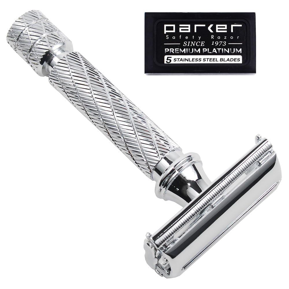 Parker 87R Compact Butterfly Safety Razor - Short Handle Brass Frame with Textured Grip for Precision Wet Shaving