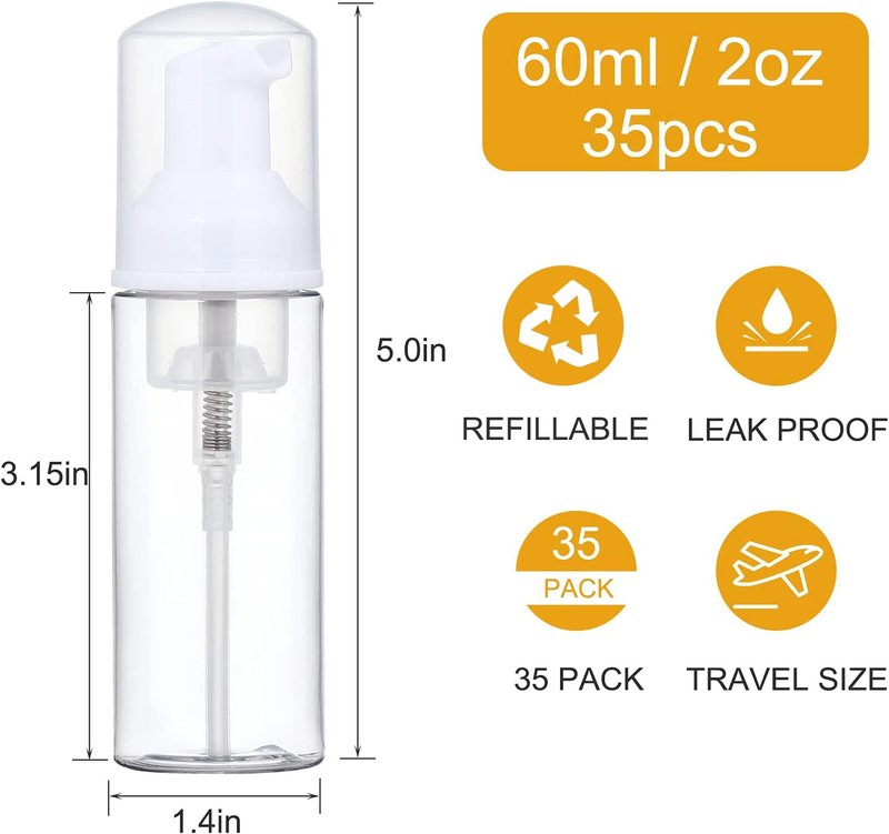 35 Pack 2 oz Foam Pump Bottles, 60ml Clear Refillable Travel Bottles for Hand Soap, Lash Shampoo, Foaming Cleanser and Liquid Soap