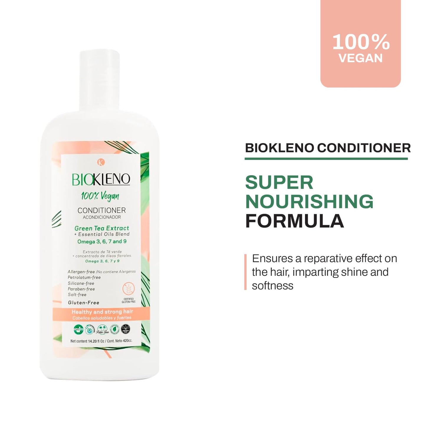 Biokleno Vegan Conditioner - Green Tea & Essential Oils Blend for Nourishment | 14.20 fl oz
