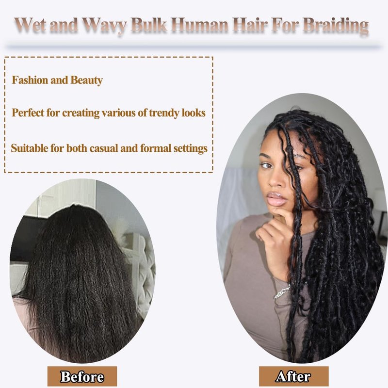 YWIGS Wet and Wavy Human Braiding Hair for Boho Braids 50G No Weft Virgin Human Hair Bulk Human Hair for Braiding 20inch
