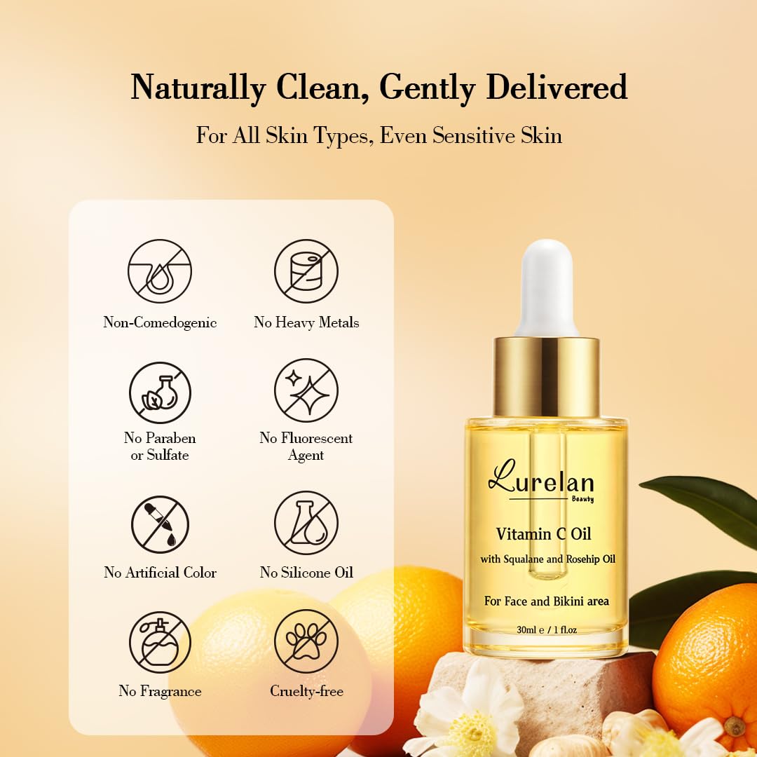 Double Vitamin C Oil - Brightening Face & Bikini Area Oil with Squalane, Rosehip & Vitamin E | Non-Comedogenic, Vegan, All Skin Types