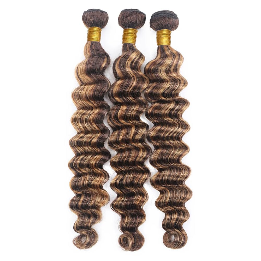 4/27 Bundles Human Hair Ombre Deep Wave Bundles Unprocessed Brazilian Remy Hair Extensions 14 14 14 Inch Highlight Honey Brown Bundle Ultra Soft No Tangle For Women Deals