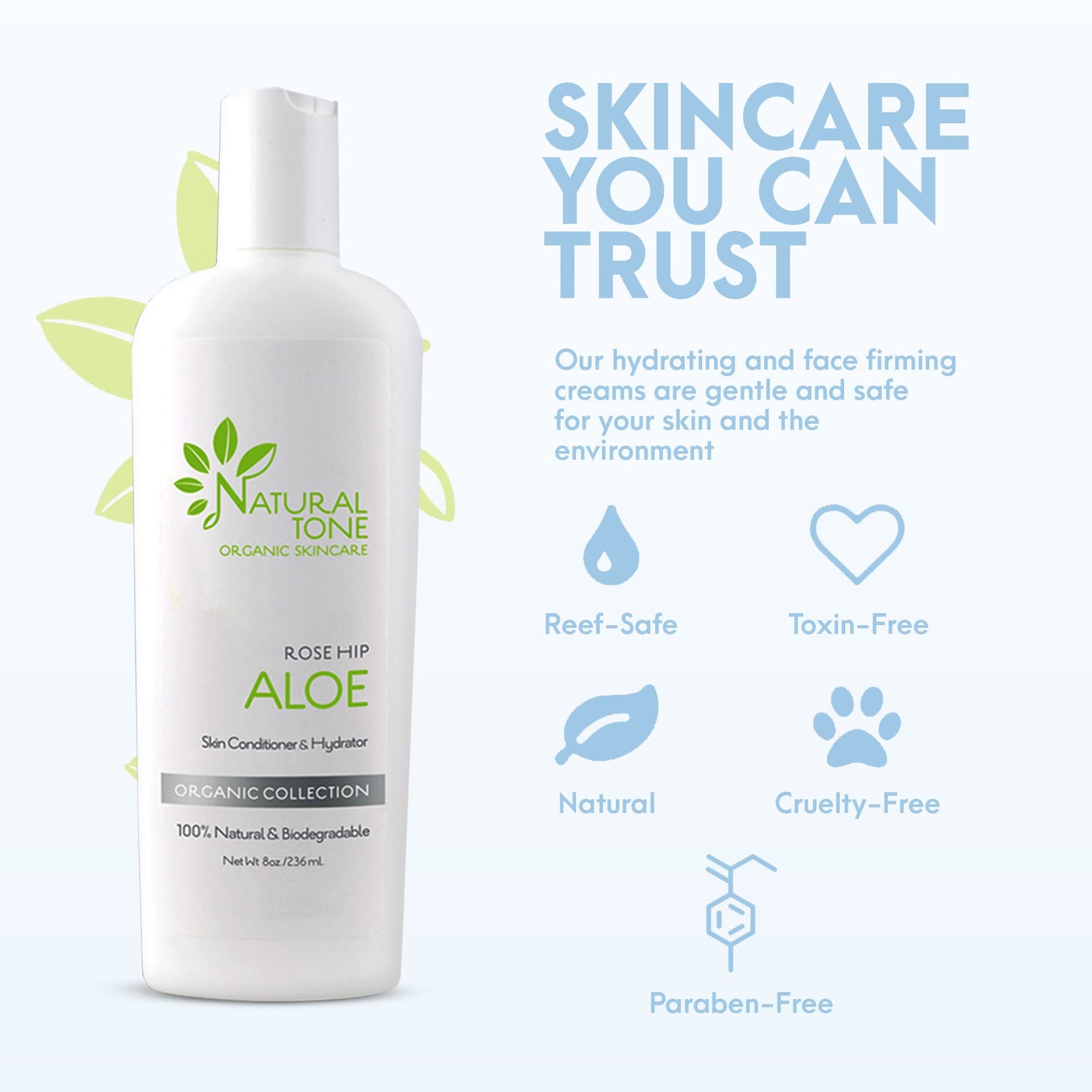 Natural Tone Organic Skincare Rosehip Aloe Lotion, Everyday Skin Conditioner and Hydrator Lotion 8oz
