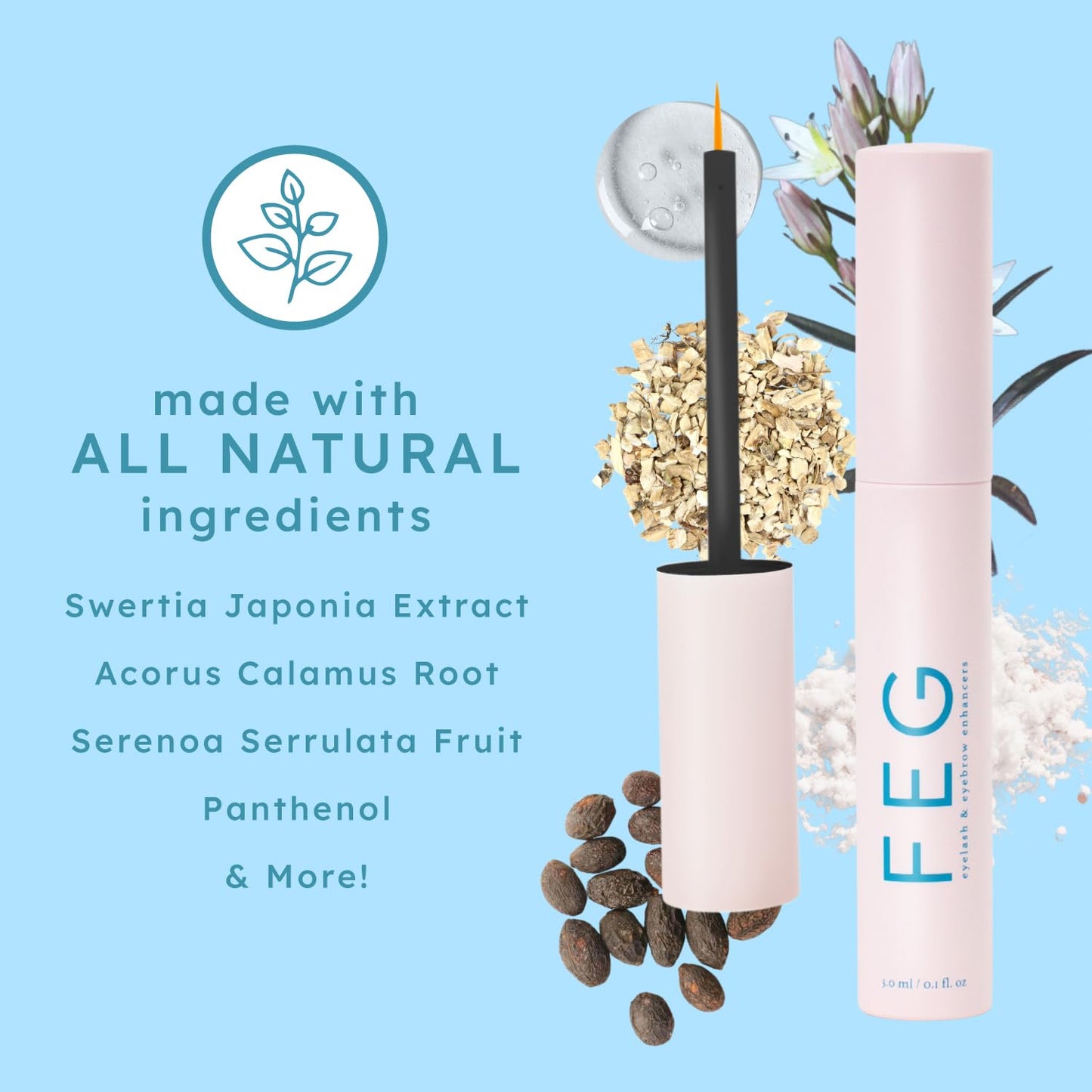 FEG Eyelash Enhancer Rapid Lash Growth Serum with Natural Ingredients | Lash Serum for Growing Thick, Full, and Long Eyelashes | Stimulates Natural Growth | 2-Pack of 3ml Tubes
