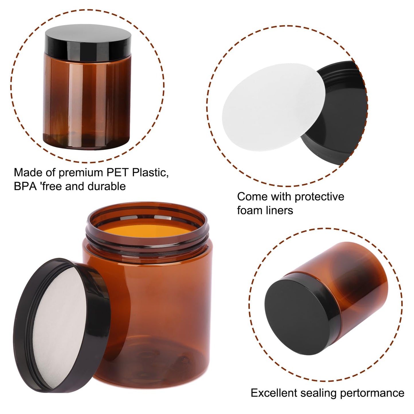 47 Packs 8 oz Plastic Jars with Black Lids, 8 oz Cosmetic Containers jars with Wide-Mouth for beads, rhinestones, sequins Cosmetics, Lotion, Cream, Ointments and More by KUKLIPJIM. (Brown)