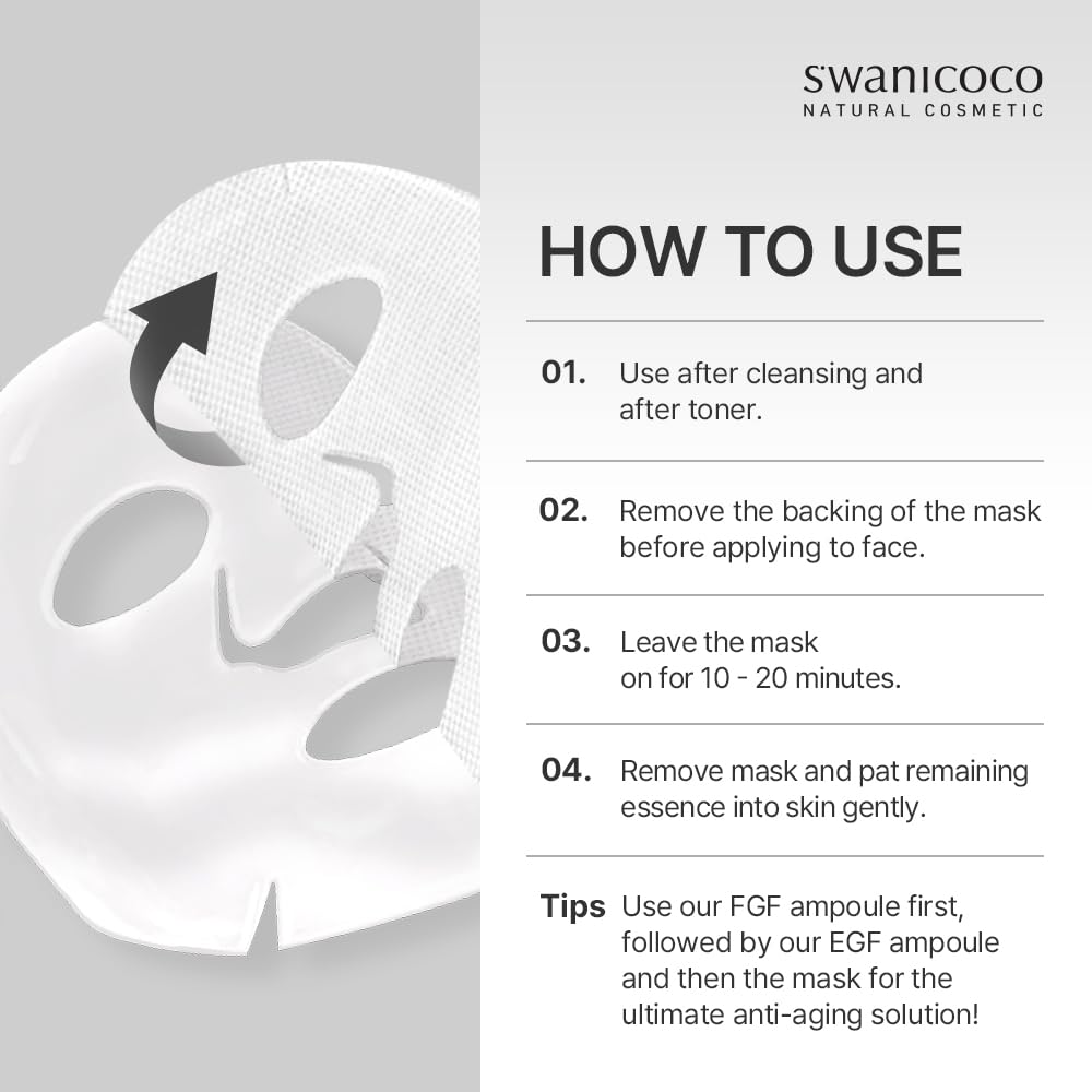 SWANICOCO Pregnancy Safe 2GF Bio Gel Face Mask Elasticity, Deep Hydration Elasticity, Plumping Improvement, Glow Skin, Growth Factor (EGF FGF) Korean Skincare (10 sheets), Beach Vacation Essentials