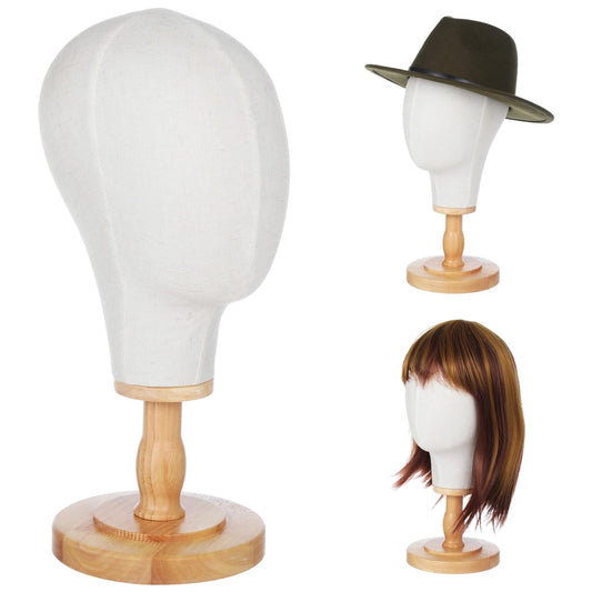 Wig Head Stand Mannequin Head Hat Display Stand Linen Wig Holder - Fabric Head Hat Display Stand, Linen Wig Holder, Canvas Hat Display Rack with Detachable Wood Base for Headdress Headband Headset