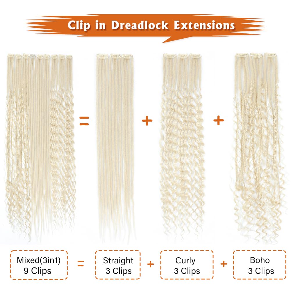 Aguacor 24inches 9PCS Clip in Dreadlock Extension Sets,36 Strands 3 Styles in 1 Mixed Straight Wavy Boho Thin Soft Clip in Dreads Extension Sets for Women (1B#,9 Clips)