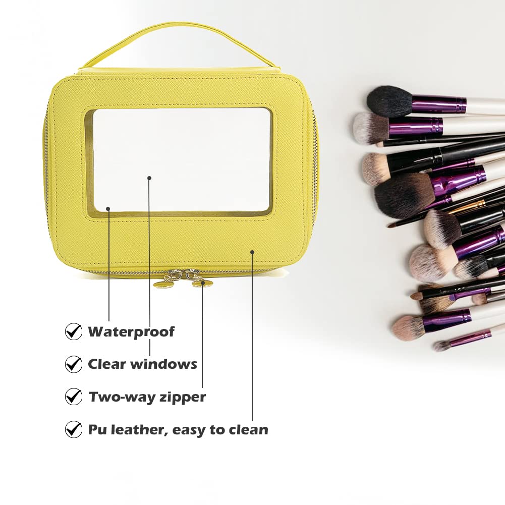 kamumanni Clear Makeup Case, Transparent Makeup Bag for Travel Leather Beauty Pouch Toiletry Bag for Women and Girls(Yellow)