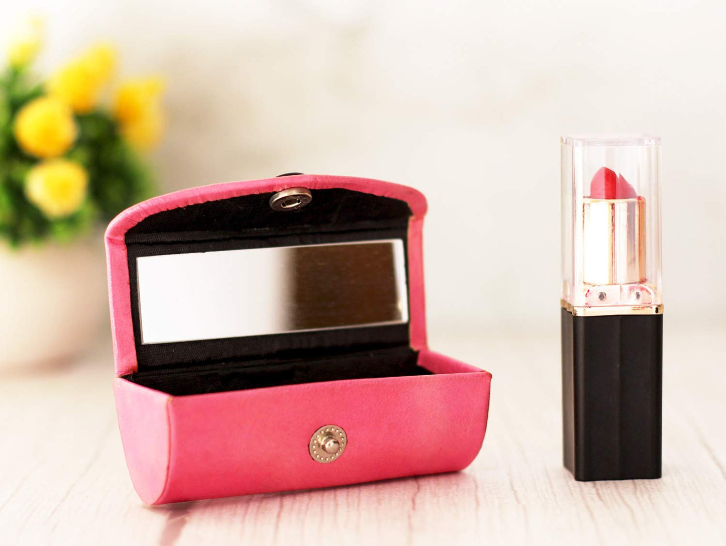 ARTISENIA Set of 2 Leather Lipstick Case Holder Organizer Bag for Purse lipstick holder Durable Soft Leather | Cosmetic Storage Kit With Mirror (Pink & Black)