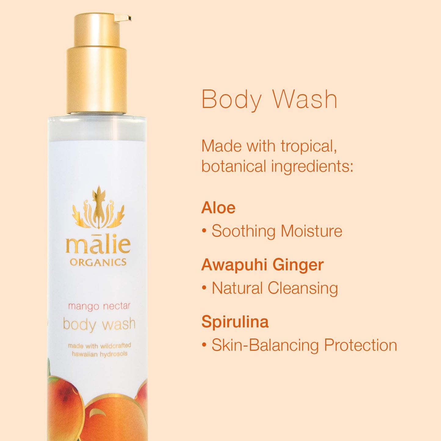 Mālie Organics Body Wash, Mango Nectar Scent, Hydrating Cleanser + Shave Wash, Aloe + Awapuhi + Spirulina, Vegan