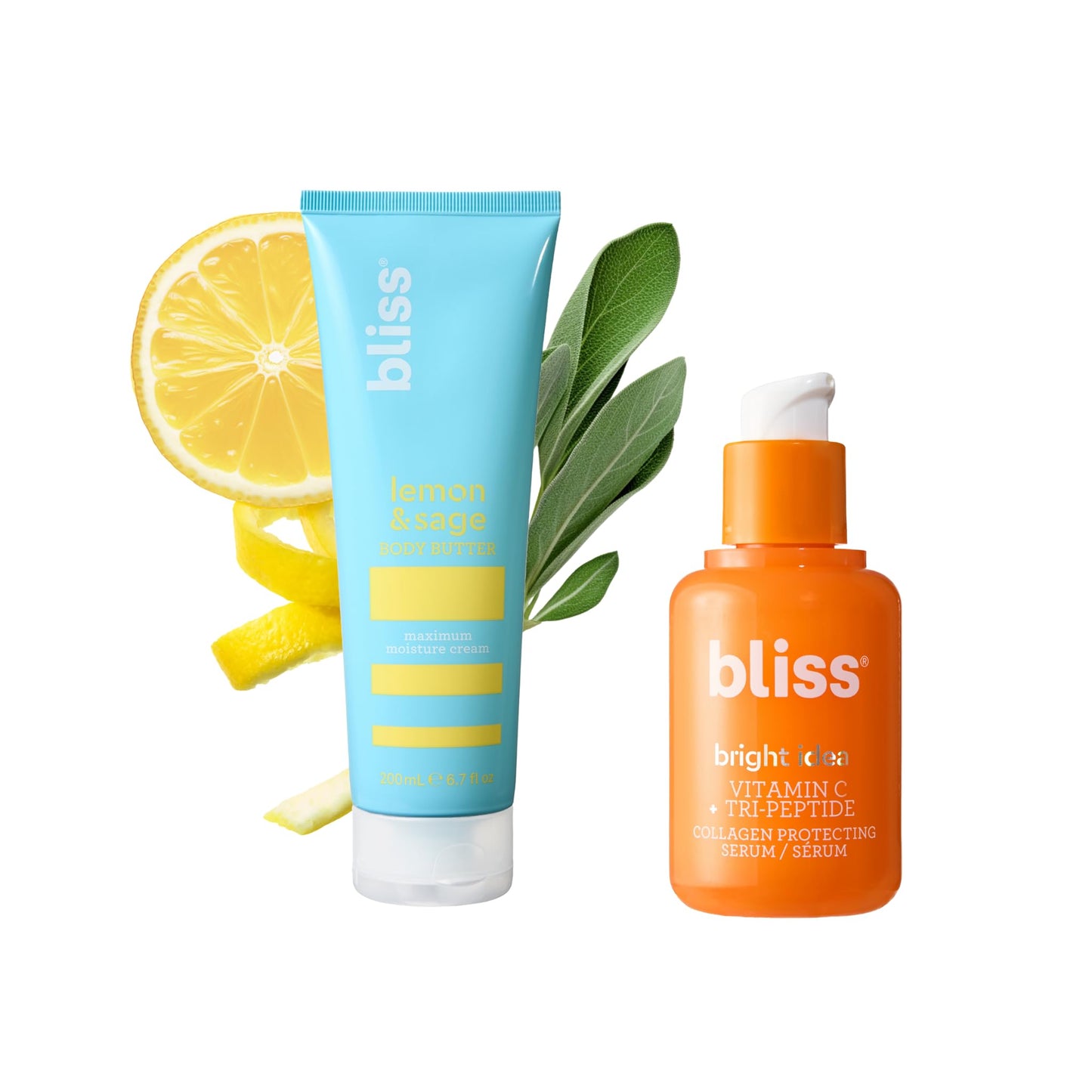 Bliss Vitamin C Bright Idea Serum + Lemon & Sage Body Butter Duo | Brightening & Hydrating Skincare Set for Face and Body