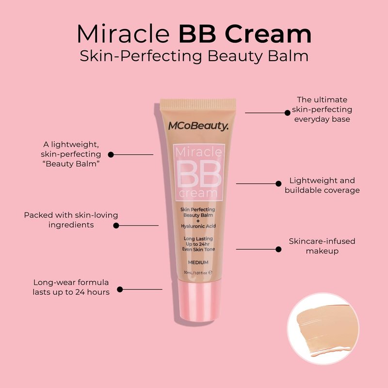 MCoBeauty Miracle BB Cream Medium - Skin Tint Foundation Primer with Hyaluronic Acid Glycerin - Lightweight Dewy Coverage Tinted Moisturizer for Face - Vegan Cruelty Free Makeup, Tone Balancing