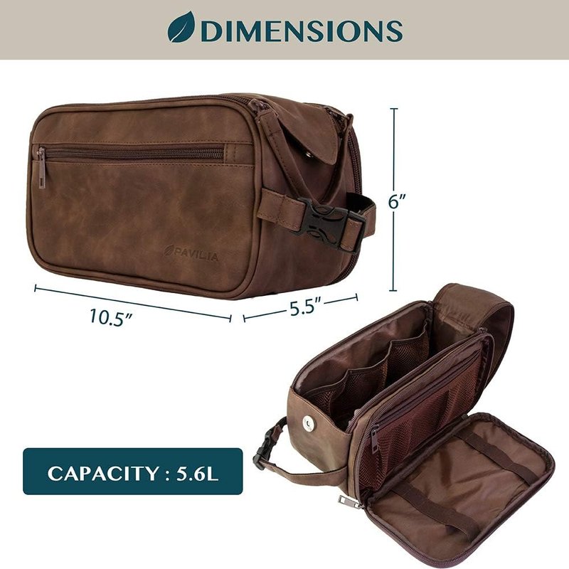 Toiletry Bag for Men - Travel Dopp Kit Organizer | Water-Resistant PU Leather | Dark Brown