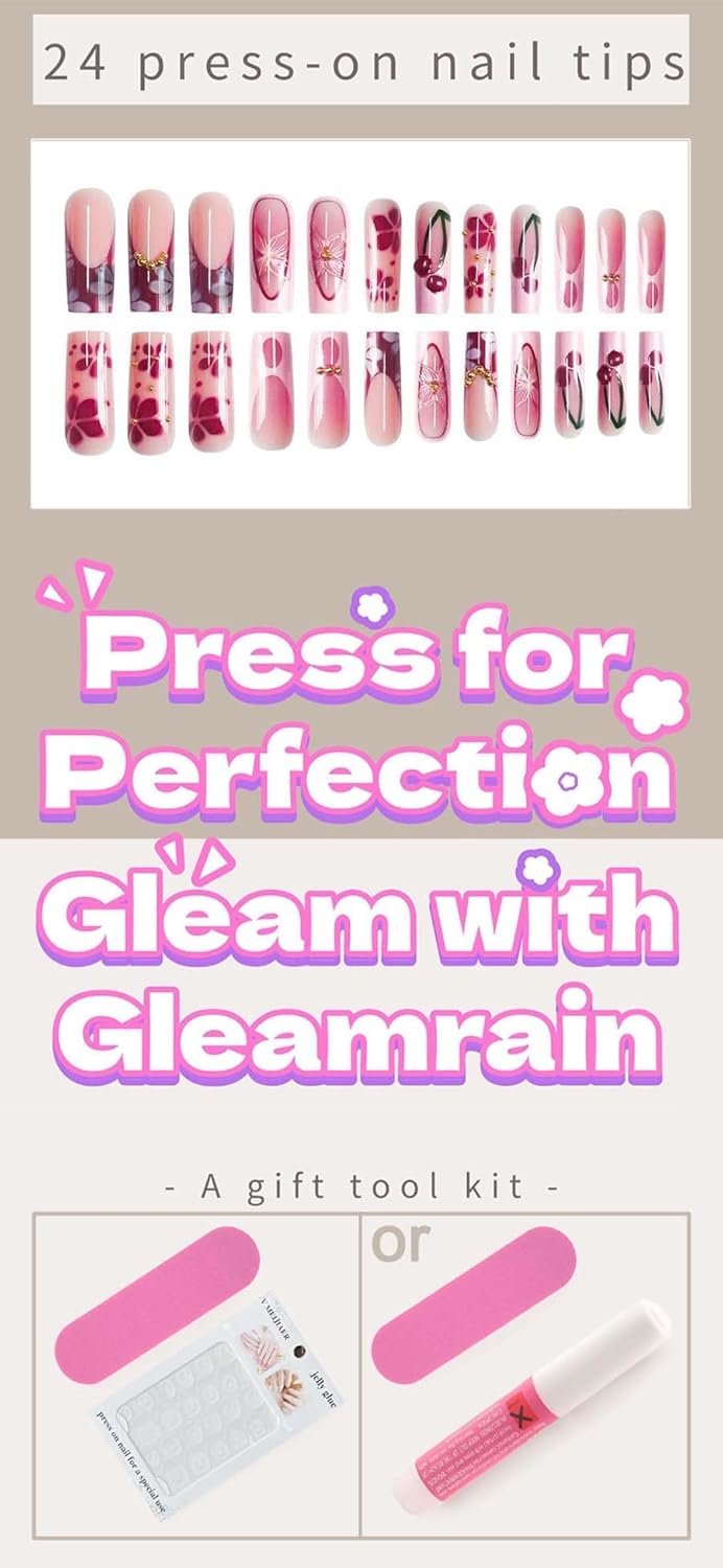 Red Long Square Press-On Nails - French Tip & Flower Design | 24 Pcs Set for Women