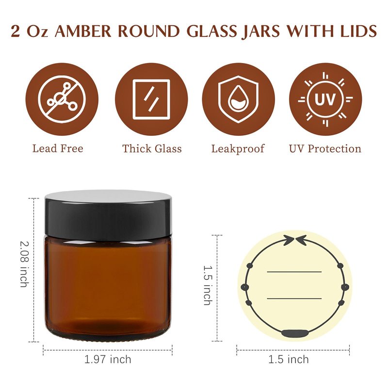 TUZAZO 2 Oz Thick Amber Round Glass Jars with Inner Lids and Black Lids, 24 Pack Small Empty Candle Making Jars/Cosmetic Containers for Lotions, Creams, Body Butters, Essential oil Beauty Products