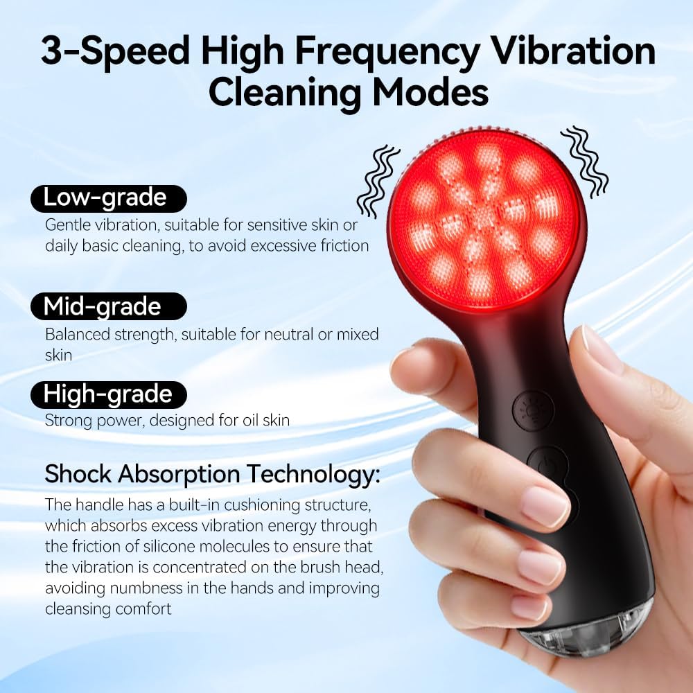 Electric Facial Cleansing Brush - Rechargeable Waterproof Exfoliator with Heat & Vibration | Deep Clean & Massage (Black)