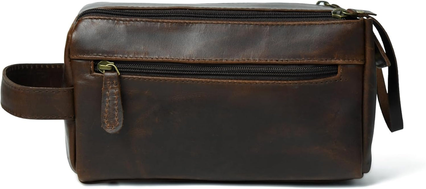 Leather Toiletry Bag for Men - Handmade Travel Kit with Durable Waxed Canvas Lining | Small Brown Shaving Organizer