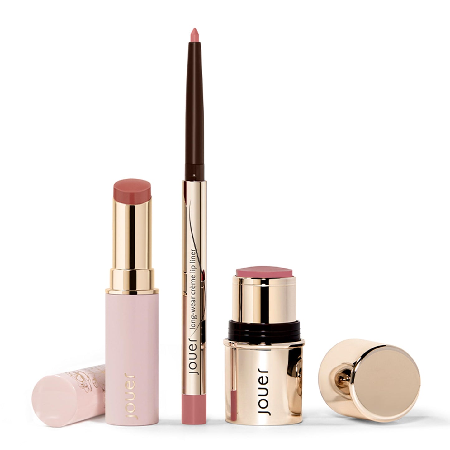 Jouer Bare Rose Collection | Blush Stick, Cream Lip Liner, Lip Plumping Balm Kit | Face Makeup in Rose Shades, Hydrating Formulas for Long Wear | $78 Value