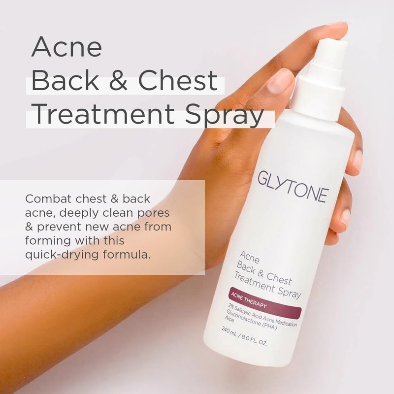Glytone Chest & Back Acne Treatment Spray | 2% BHA Salicylic Acid & Gluconolactone | Quick-Dry, Fragrance-Free | 8 fl oz