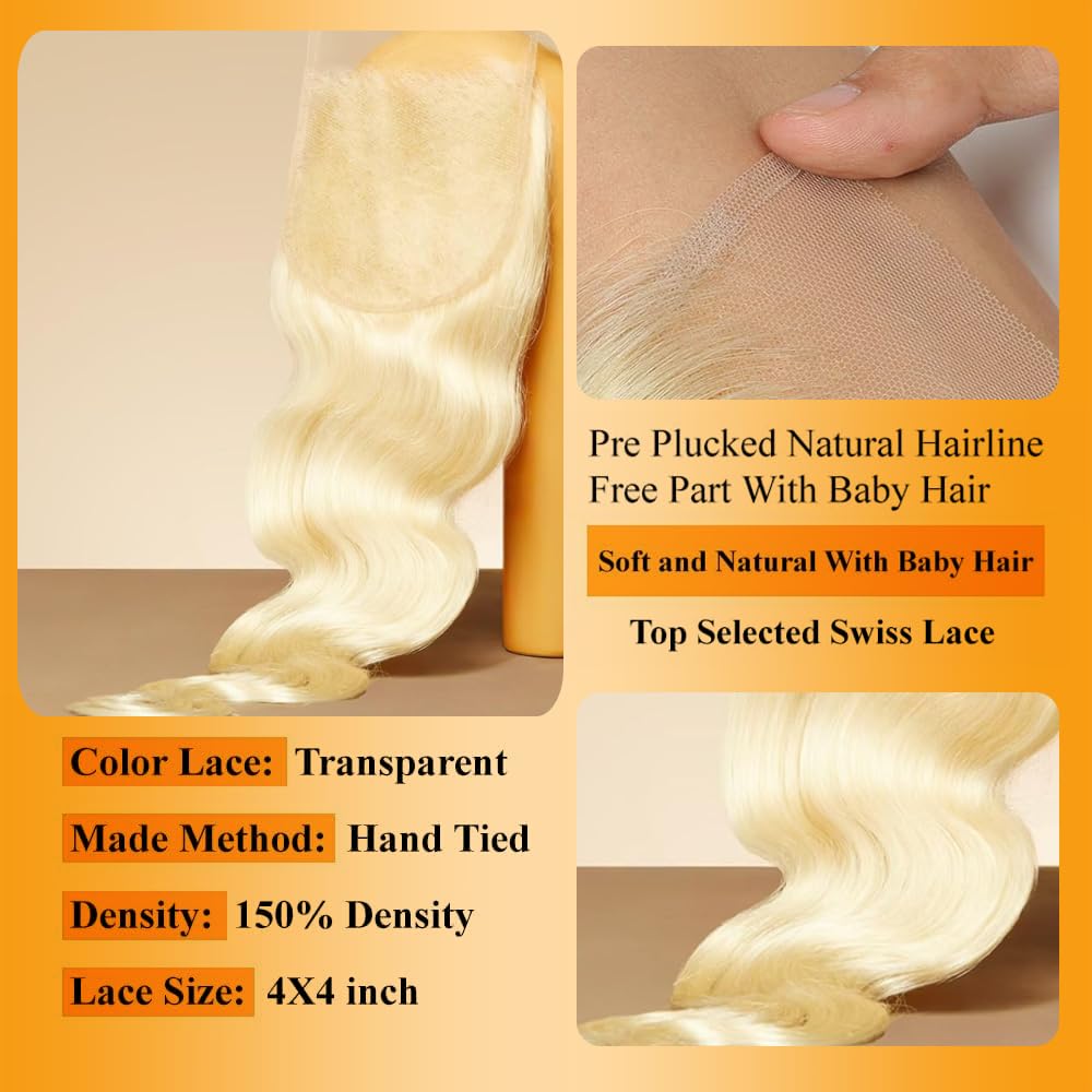 QTHAIR 18A Russian Blonde #613 Transparent Lace Frontal Closure 100% Russian Blonde Human Hair for Female (16", 613 Body Wave Closure)