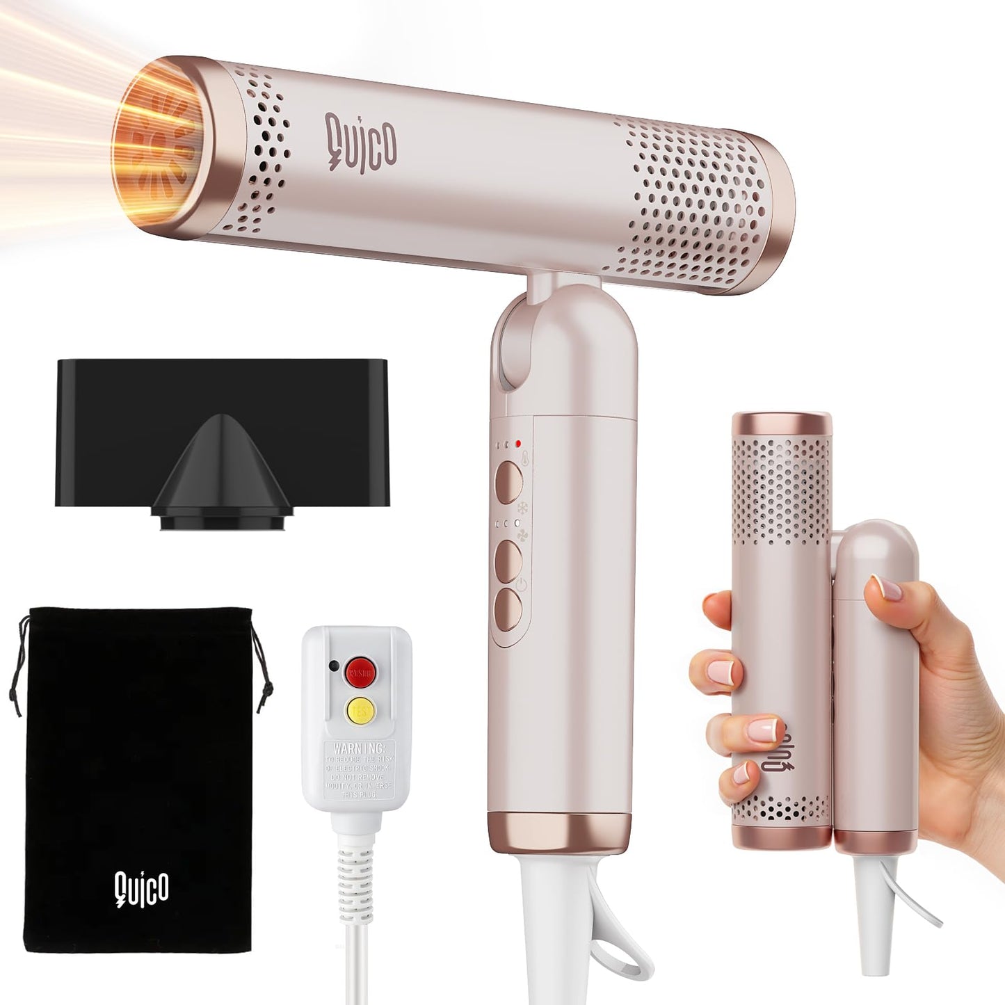 Quico Travel Hair Dryer Dual Voltage, 120000 RPM Brushless Motor Fast Drying Hair Dryers for Women 500 Million Ionic, Thermo-Control Foldable Blow Dryer with Cold, 3 Heat & 3 Speed Settings, Pink