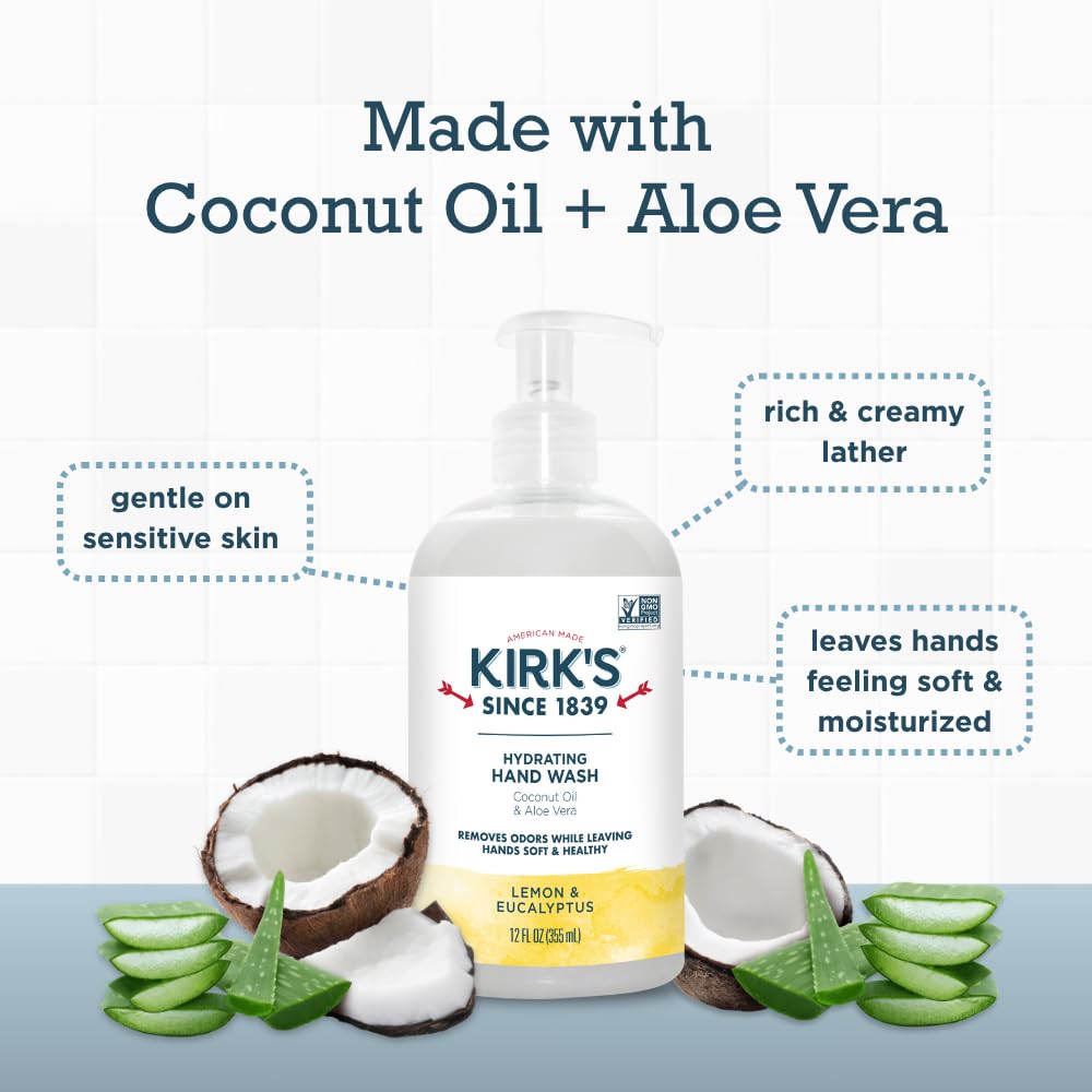 Kirk's Hydrating Hand Wash - Coconut Oil & Aloe Vera Formula | Odor Neutralizing, Vegan, 12 Fl Oz (4 Pack)