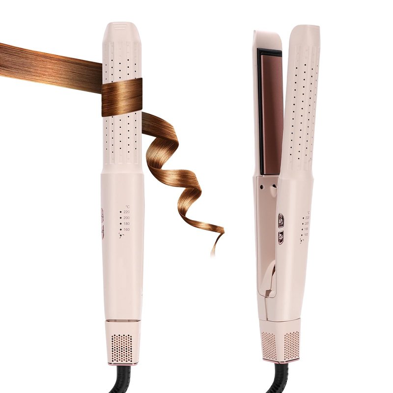 Hair Straightener and Curler, 2-in-1 Flat Iron & Airflow Curling Iron, Cool Air Hair Styling Tool, Ceramic Hair Straightener for Women, Dual Voltage, Blush Pink