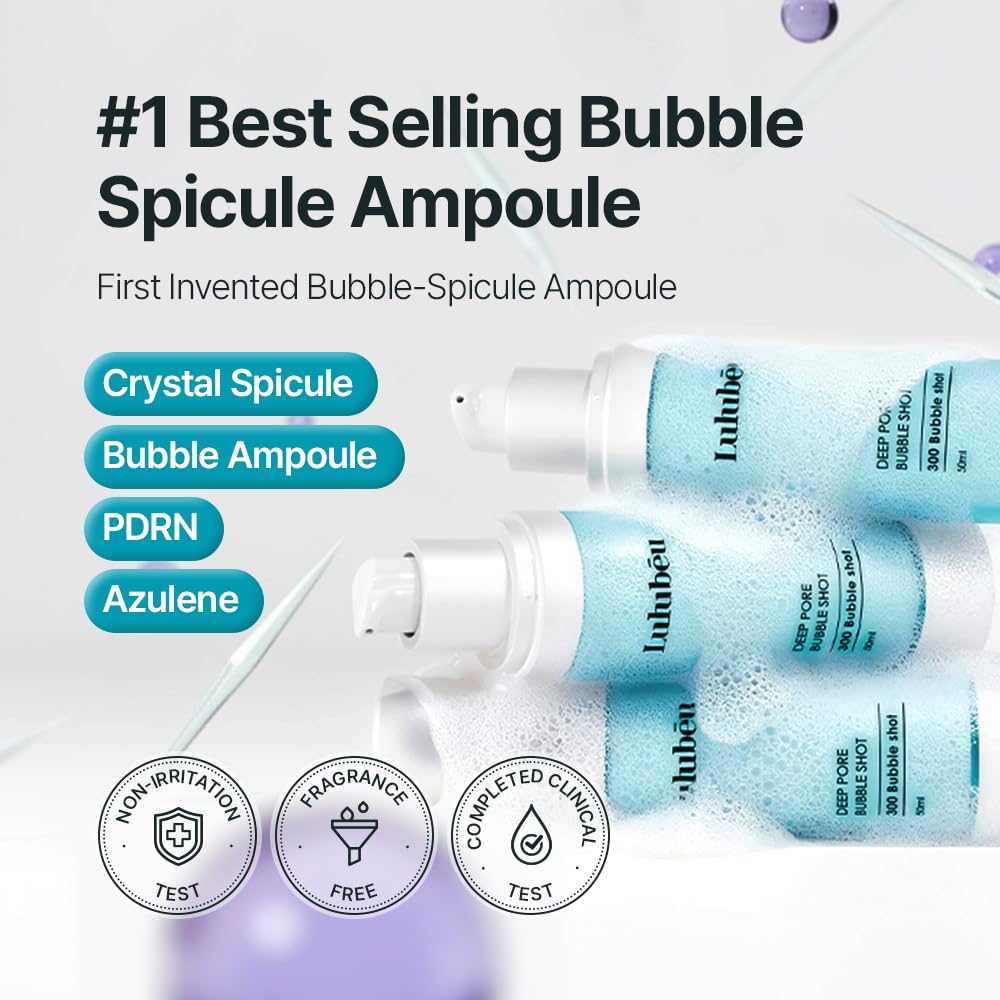 LULUBEU Deep Pore Bubble Shot Ampoule, K-Beauty Deep Pore Prep Serum with Crystal Spicule, PDRN & Azulene, 300-Shot Spicule System for Smoother, Clear-Looking Skin
