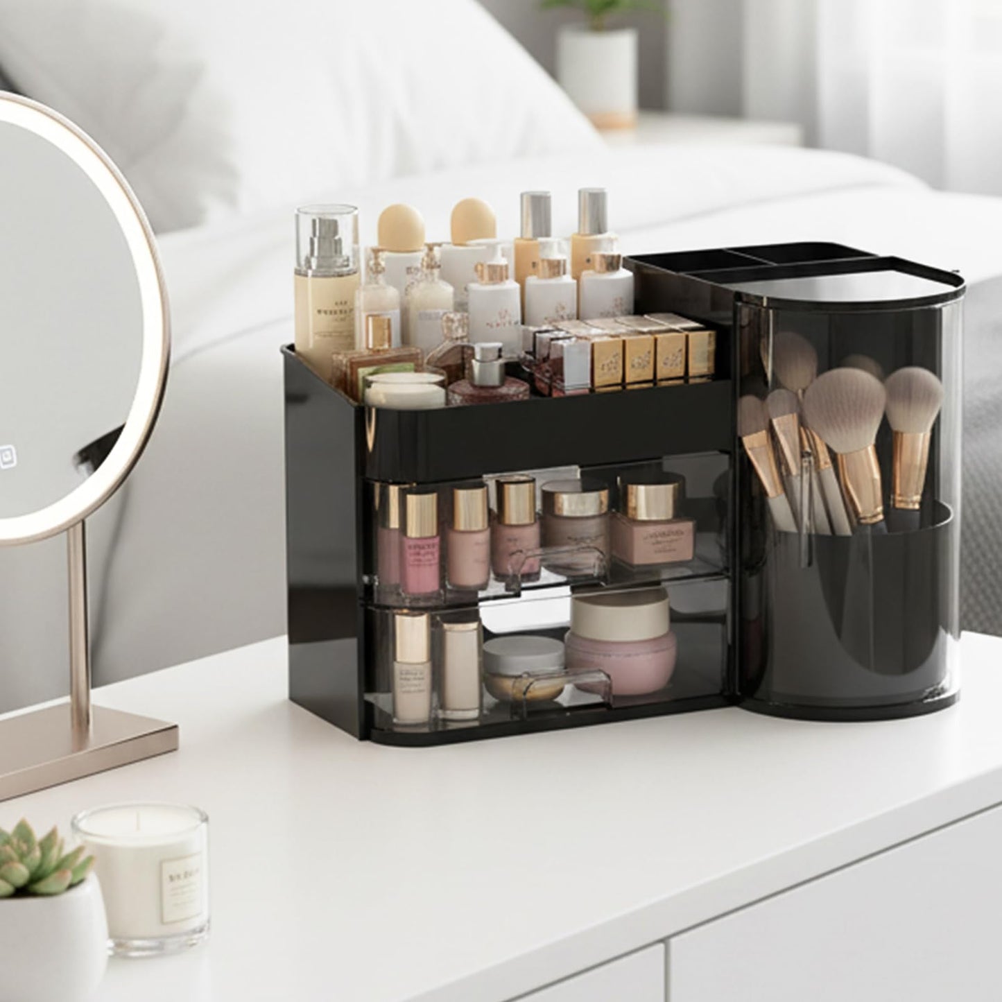 Makeup Storage Box Mesh, Makeup Organizer For Vanity, Cosmetic Display Cases With Transparent Cover, Drawers, Dustproof, Portable Handle, For Vanity, Dresser, Countertop (Blak)