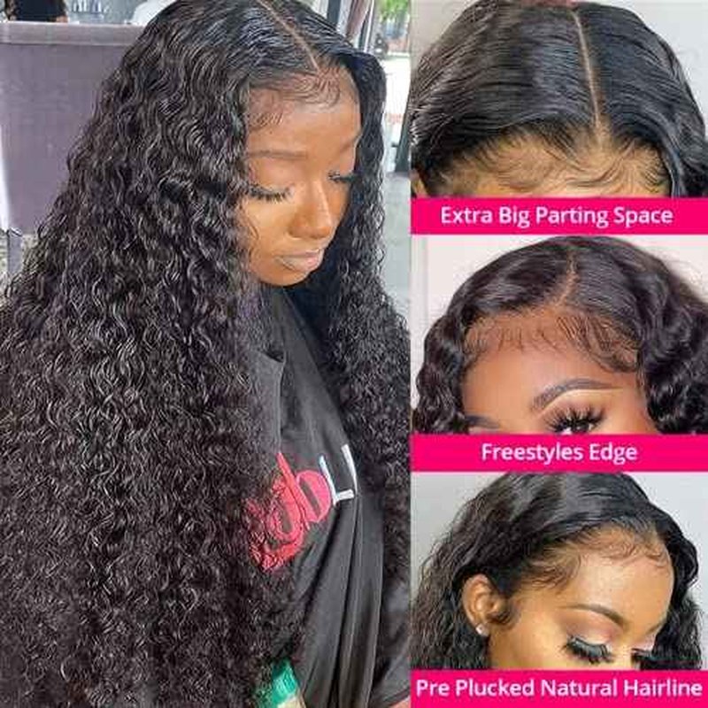 30 Inch Deep Wave Lace Front Wigs Human Hair 180% Density 13x4 HD Transparent Lace Frontal Wigs for Women Curly Glueless Wigs Human Hair Pre Plucked with Baby Hair (30inch,Natural Black)