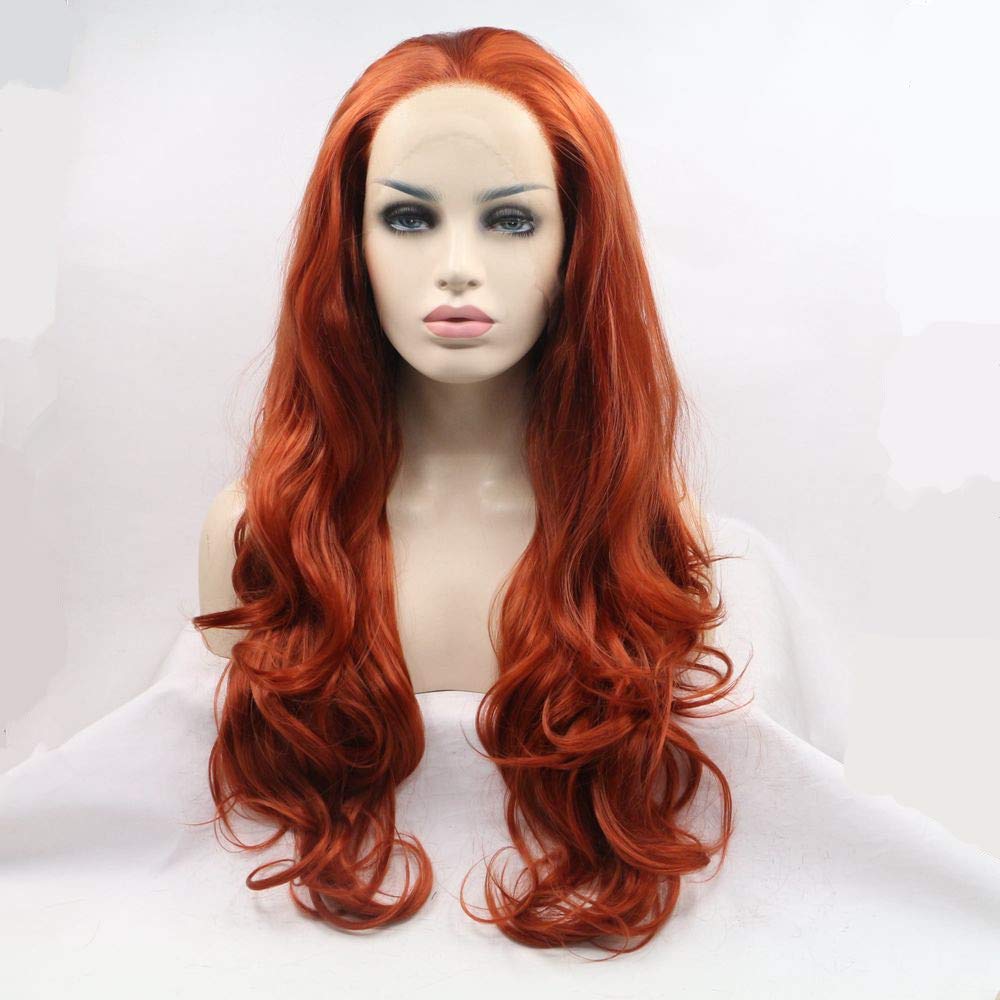 Xiweiya Long Wavy Copper Red Lace Front Wig Glueless Free Part Auburn Color Synthetic Wig for Women, Drag Queen with Heat Resistant Fiber Hair Replacement Wig Cosplay Halloween Wig 24 inch