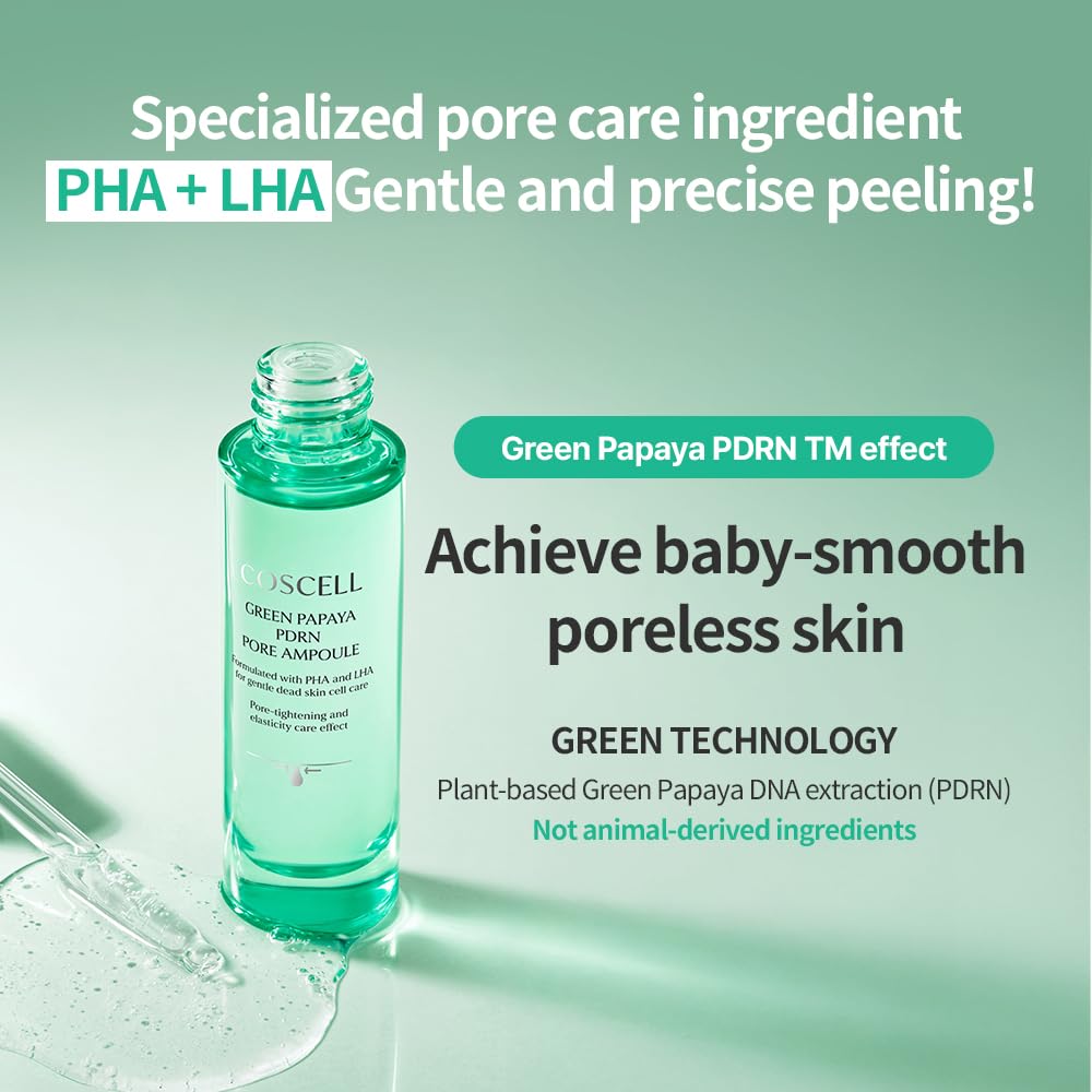 COSCELL Green Papaya PDRN Pore Ampoule - Lightweight Korean Pore Serum for Rough Skin Texture and Daily Hydration, Fresh Non-Sticky Glow Serum 30ml / 1.01 Fl Oz