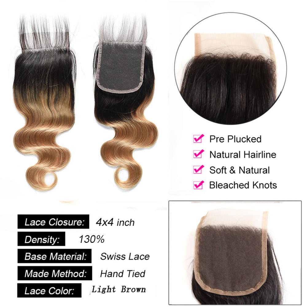 Ombre Lace Closure 4X4 Transparent Lace 14 Inch Free Part With Baby Hair Body Wave Closure For Women Pre Plucked Natural Hairline Peruvian Virgin Hair Real Human Hair Next Day Delivery 1B/27 Closure