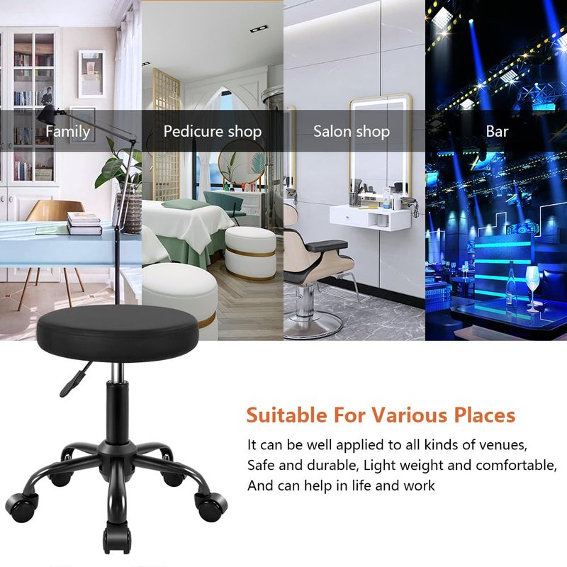 KKTONER Round Rolling Stool Height Adjustable Stool PU Leather Chair with Wheels Salon Spa Drafting stools Small (Black)