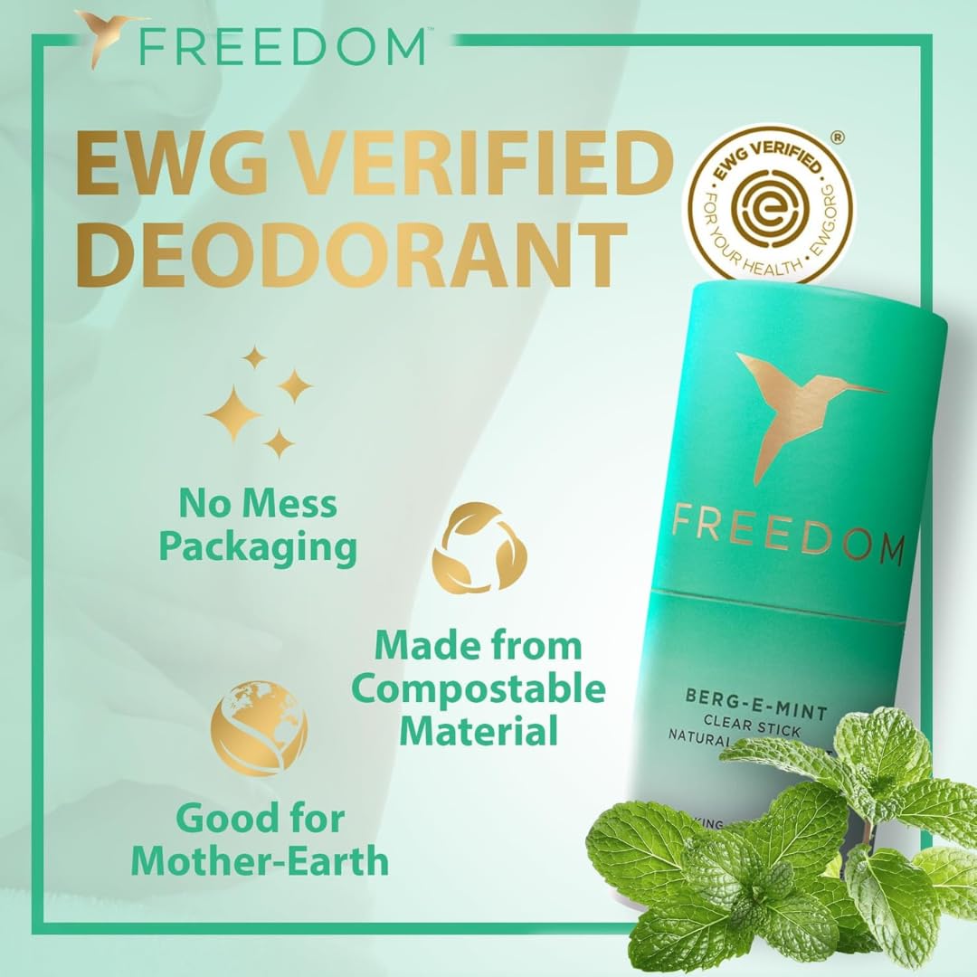 Freedom Natural Deodorant for Women & Men with 24-Hour Odor Protection, Paper Tube Packaging - Natural Ingredients - Aluminum & Plastic Free, Bergamot Mint, 1.9oz (2-Pack)