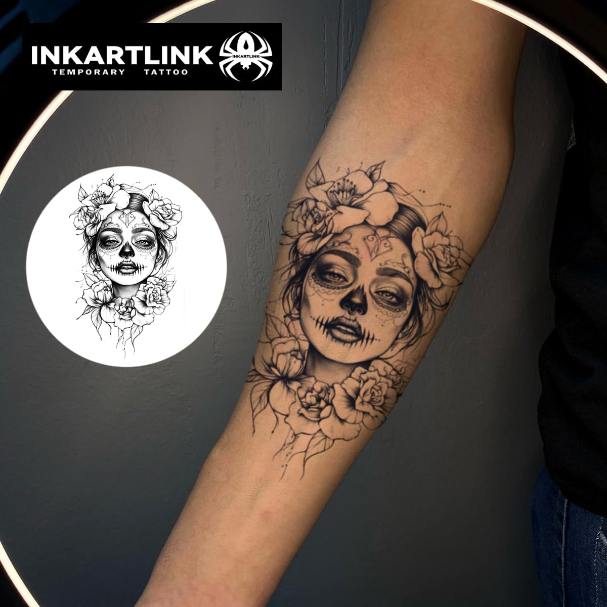 INKARTLINK Semi-Permanent Tattoo Stickers, Creative Halloween Adult Art Temporary Tattoos, Party Supplies, Waterproof, No Glue Required, Non-reflective, Lasts 1-2 Weeks (Mexican Day of the Dead 3)