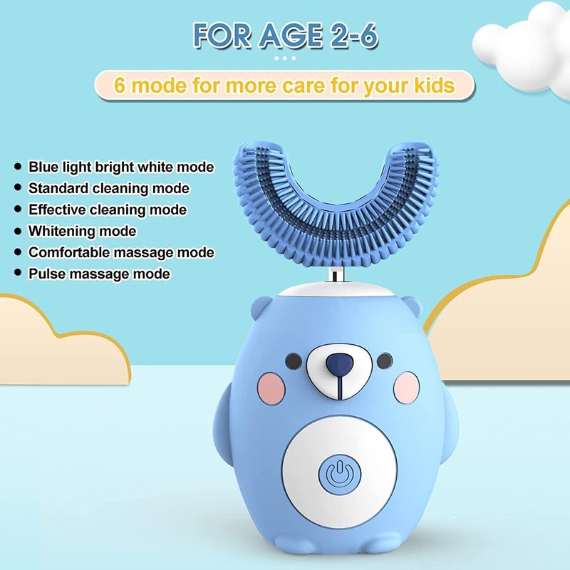 Electric Kids Toothbrush - U Shaped Ultrasonic Design with 2 Brush Heads | 6 Cleaning Modes, Blue (Ages 2-7)