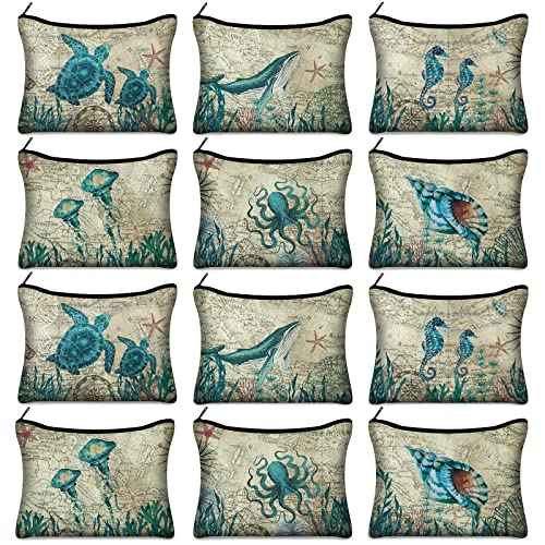 Sanwuta 12 Pcs Sea Tropical Cosmetic Bags Retro Animal Seahorse Travel Bags Beach Makeup Bags Zipper Small Pouch Vintage Turtle Whale Seashell Bag Under The Sea Purse Toiletry for Women Party Gift