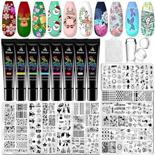 Biutee Nail Stamper Kit 22Pcs Gel Nail Stamping Kit 12Pcs Nail Stamping Plates 8Pcs Gel Stamping Polish, Silicone Stamper Scraper Flower Lace Holiday Stamp Template Christmas Gift for Women