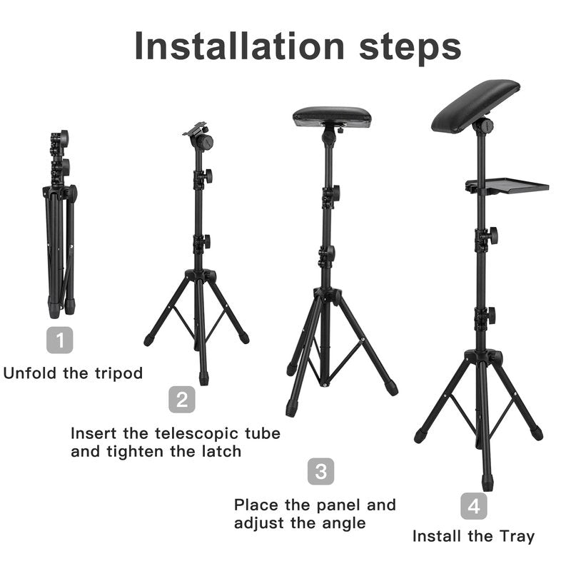 Tattoo Arm Rest Stand with Tray - PU Leather Sponge Covers 50PCS Waterproof Square Leg Rest Foldable Sponge Pad Tripod with Adjustable Height and Tilt Arm Bar Pad