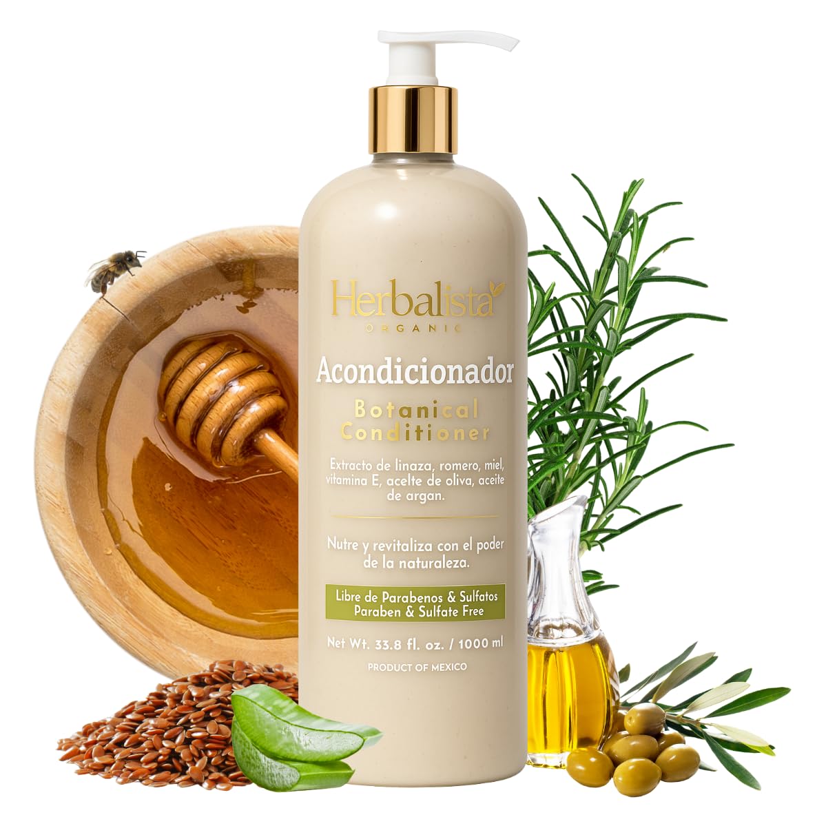 HERBALISTA Viral Herbal Conditioner/Acondicionador 1000ml (33.8 fl oz) – With Rosemary, Coconut Oil, Flaxseed Extract, Aloe, Honey, Vitamin E & Olive Oil – Suaviza, Nutre, Hidrata – 100% Natural