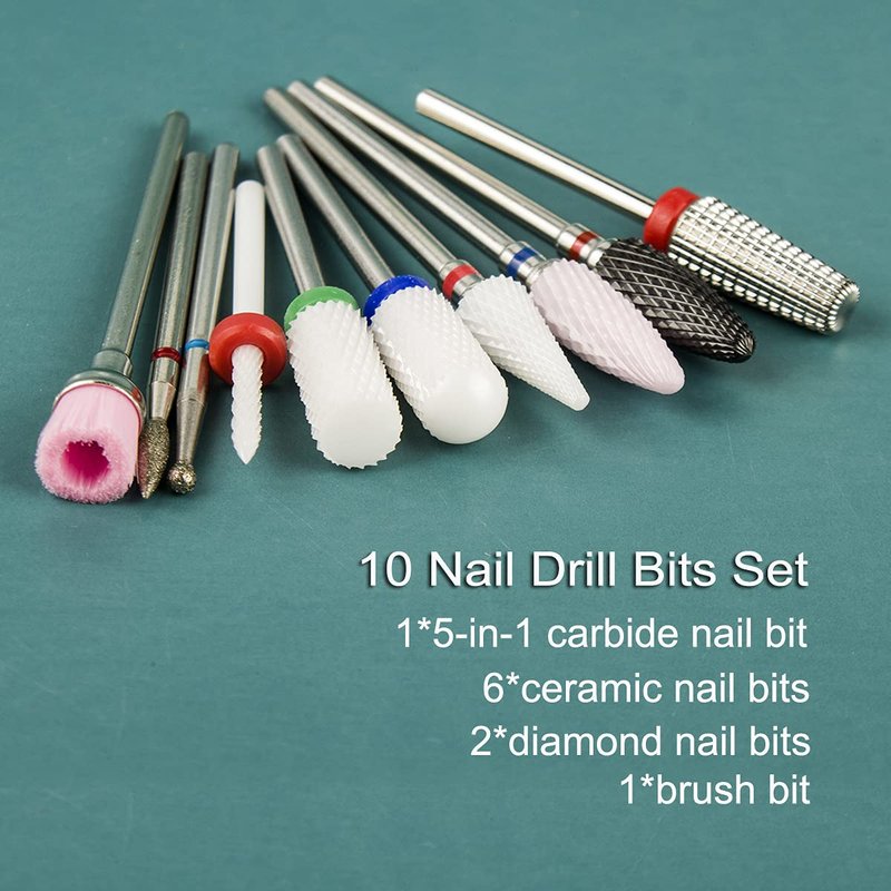 Ceramic Nail Drill Bits for Acrylic Nails 3/32 Diamond Tungsten 5 in 1 Carbide Nail Bits nail bit Included for both Left and Right Handed Efile Drill Machine 10 pcs (S10-E)