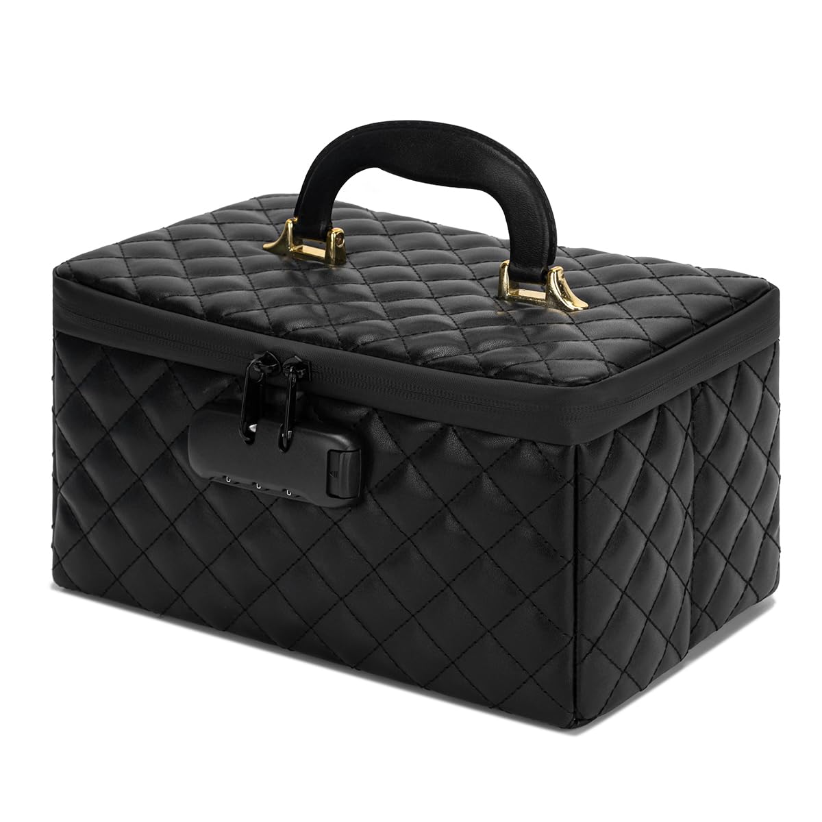 KaAutoler Portable makeup box with Lock, Large Capacity Travel Makeup Case Organizer, Makeup Bags for Girls Traveling With Handle and Divider Makeup Bag (Black)