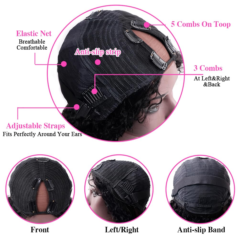 Amznlady Pixie Cut Wigs Curly V Part Wig Human Hair No Leave Out Brazilian Human Hair Half Wig for Black Women Upgrade U Part Wigs Glueless 180% Density Natural Black 8 Inch