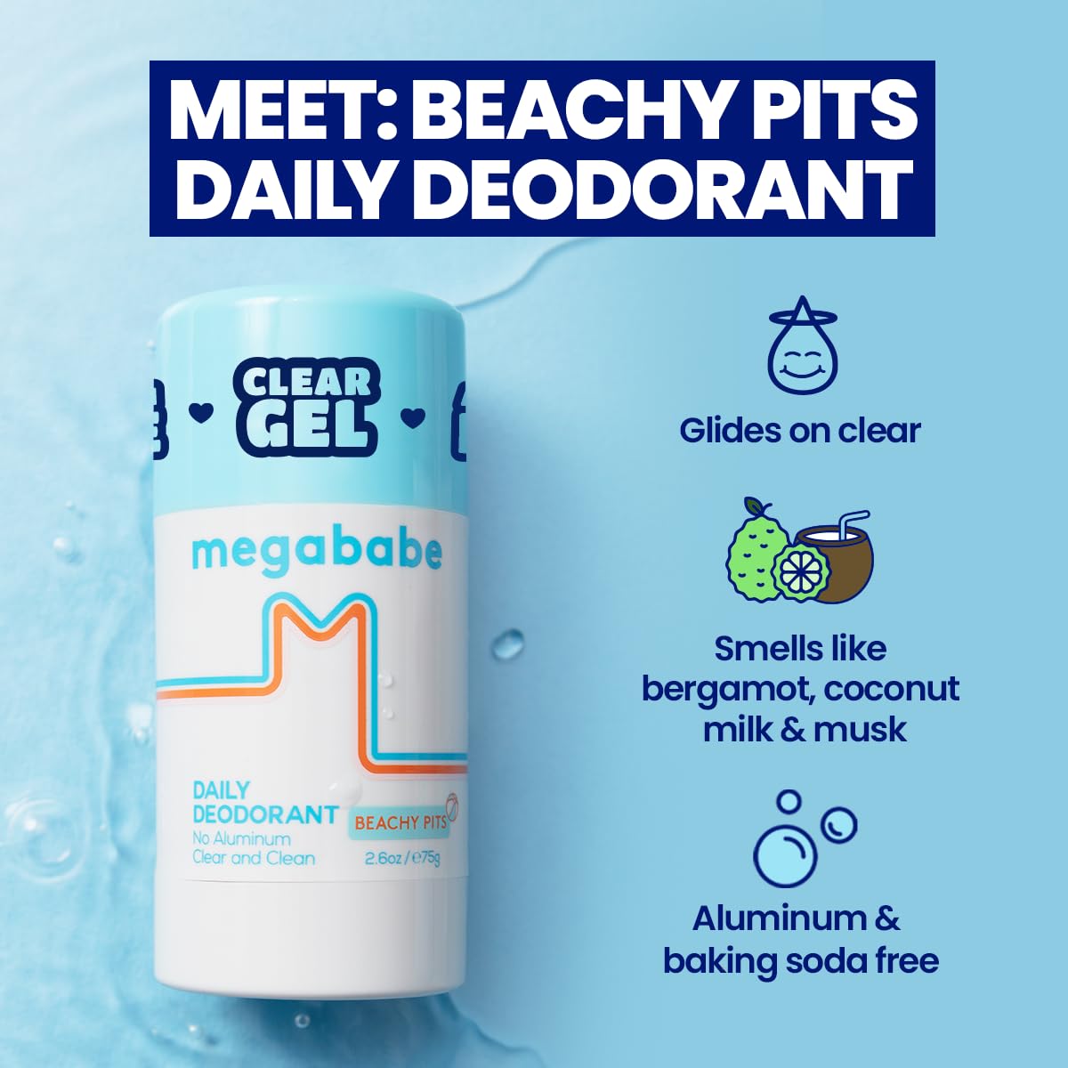 Megababe Daily Deodorant Beachy Pits | Summer and Hot Weather Essential | Aluminum-Free, Clear & Clean | 2.6 oz (Pack of 2)