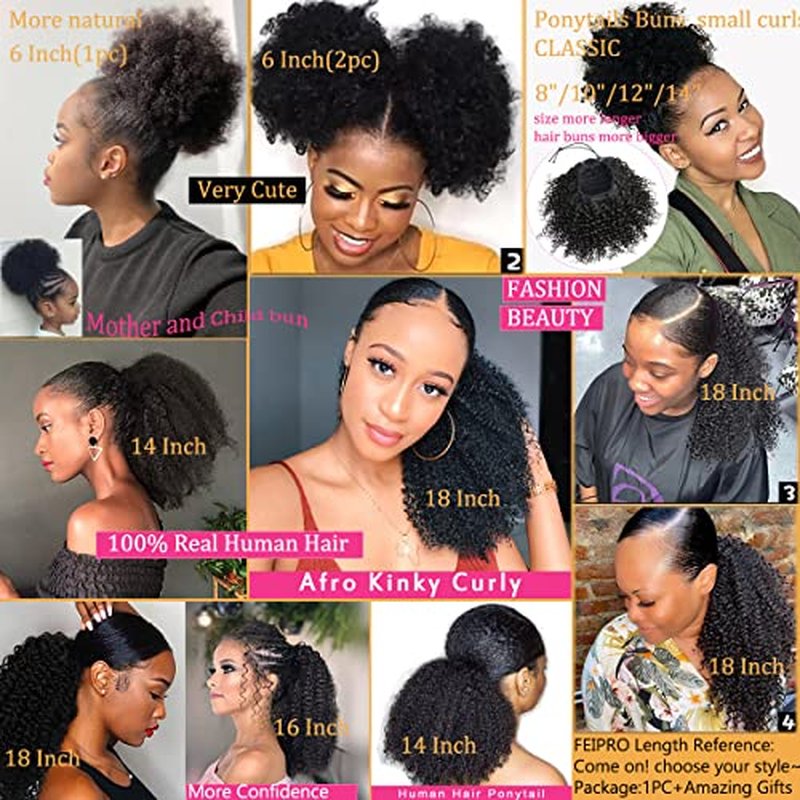 Afro Puff Kinky Curly Drawstring Ponytail Buns Natural Human Hair Pieces for Black Women,Girls,Kids 10 Inch #1B Natural Black