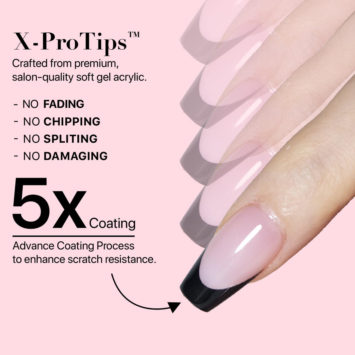 SXC Cosmetics French Tip Press On Nails – Black Series, Short Coffin, X-Pro Tips Starter Kit | 160PCS, 16 Sizes, 5 Styles, Beginner-Friendly